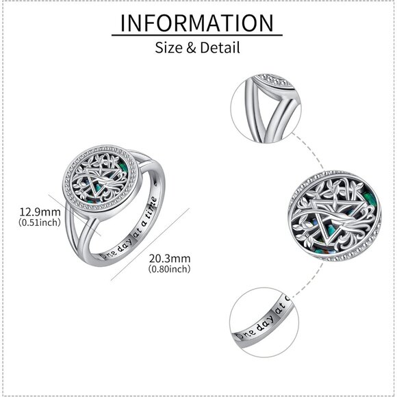 Sobriety Gifts for Women 925 Sterling Silver AA Ring Tree of Life Rings Alcoholi - Picture 4 of 7